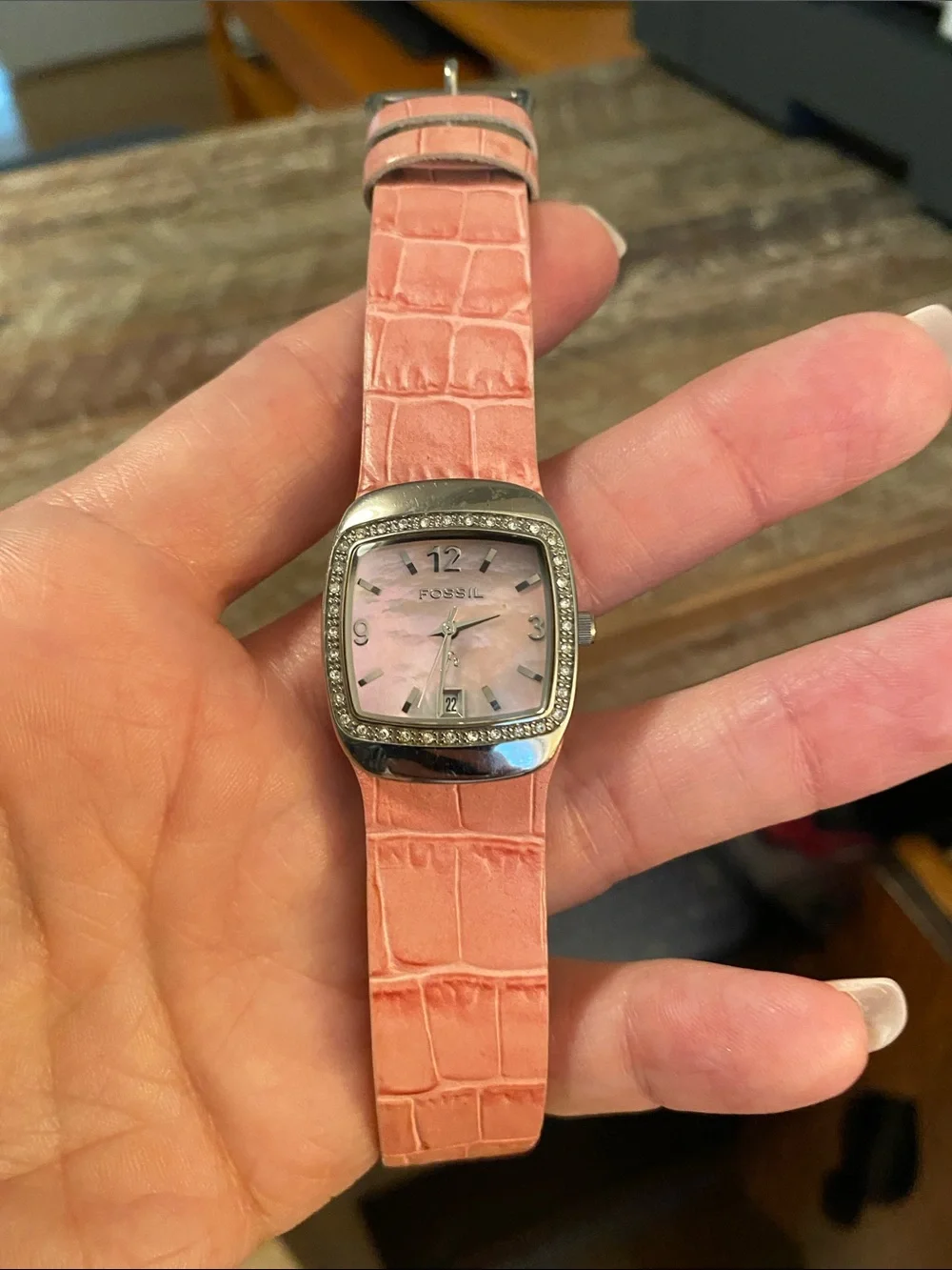 Fossil Pink Croc-Embossed Leather Square Watch with Crystal Bezel